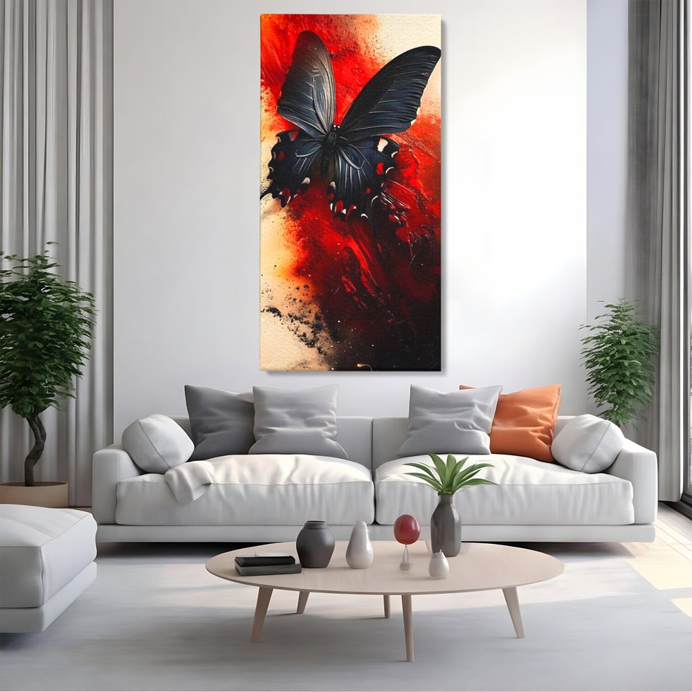Tablou canvas cu tablou canvas cu fluture negru si fundal rosu, fara rama, pe sasiu de lemn, pe perete intr-un living